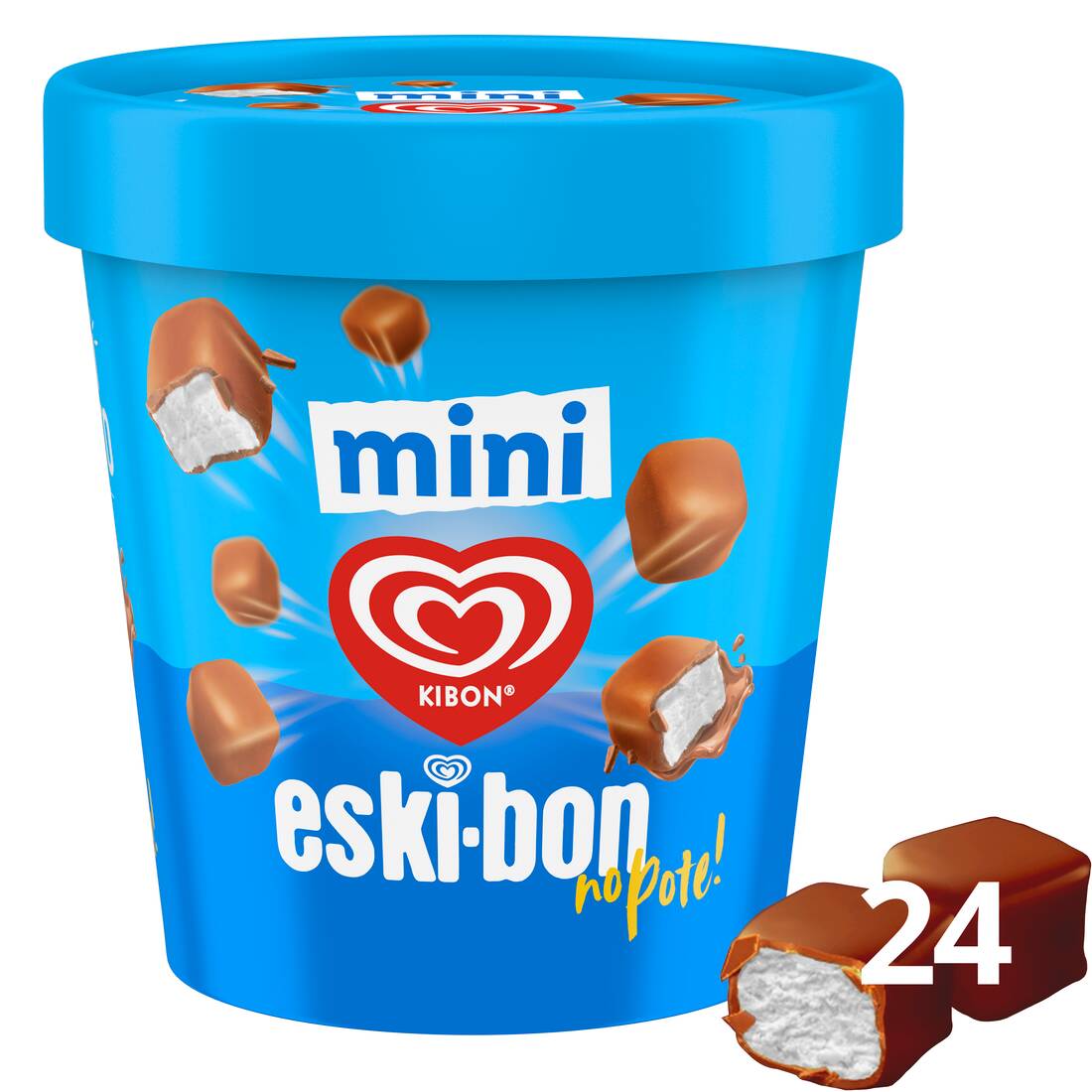 Agora seu Mini está em dobro e no pote! São 24 bombons de Mini Eski-Bon para compartilhar com quem você mais gosta. O tão amado bombom de Kibon com a clássica casquinha de chocolate e sorvete cremoso sabor baunilha em sua melhor versão! Ideal para matar aquela vontade de um docinho ou para uma pausa refrescante no seu Dia!