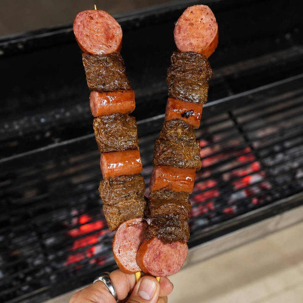 A combinação perfeita de sabores! Pedaços intercalados de carne bovina macia e calabresa defumada de primeira qualidade, assados na brasa na temperatura ideal.
(Aprox. 105g-110g).
