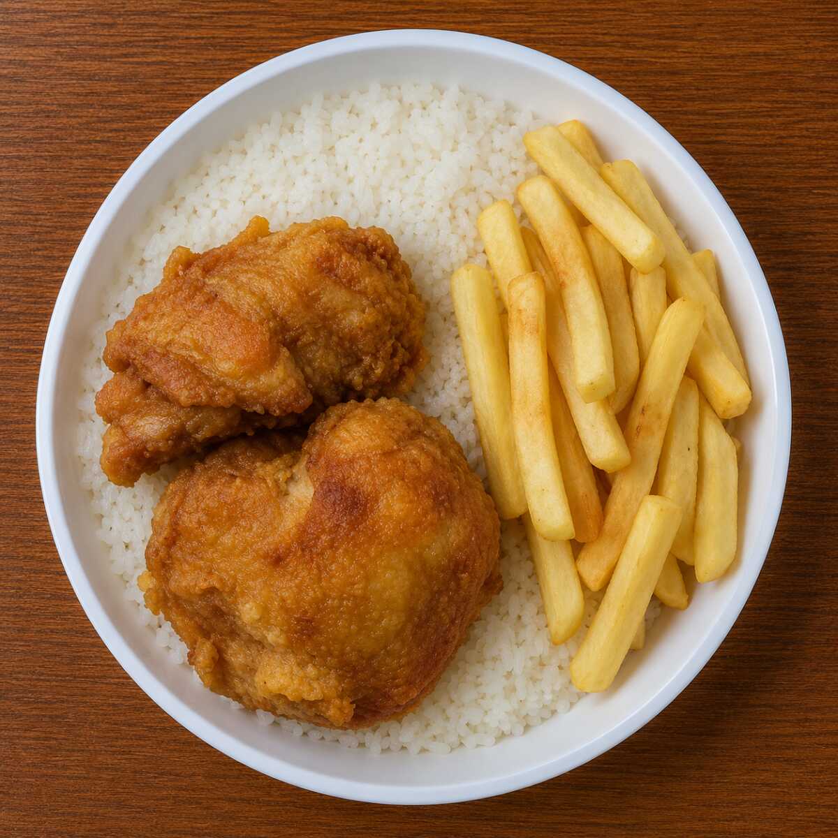 Frango frito com arroz, feijão e batata frita (Aprox. 450g).