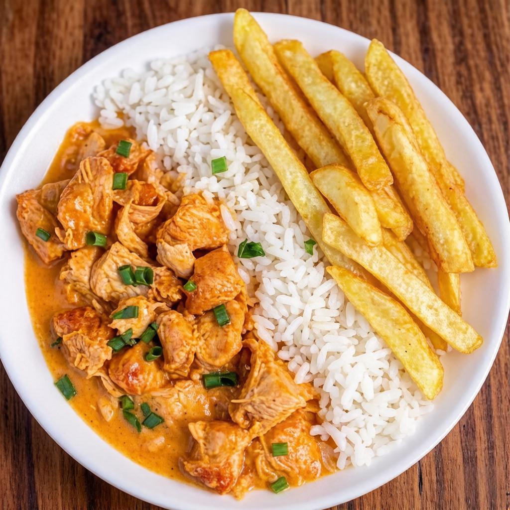 O nosso 'Strogonoff de Frango', um prato classificado como 'Pratos Mais Vendidos'. Delicioso e cozido em um molho cremoso e irresistível, com um toque especial de temperos. Acompanha arroz branquíssimo e batata fritas. Uma refeição caseira que vai te conquistar com seu sabor suave e único!