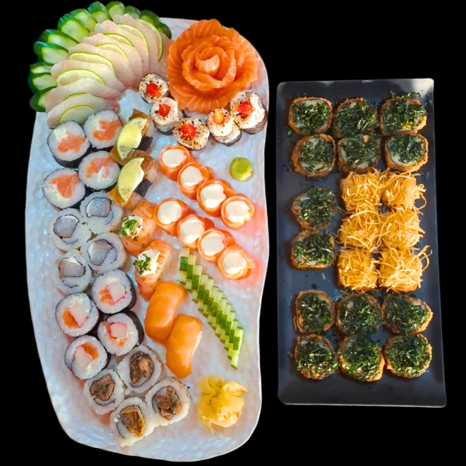 Este item acompanha 2 molhos teriyaki/tarê (30ml), 2 molhos shoyo (30ml) e 3 hashis.