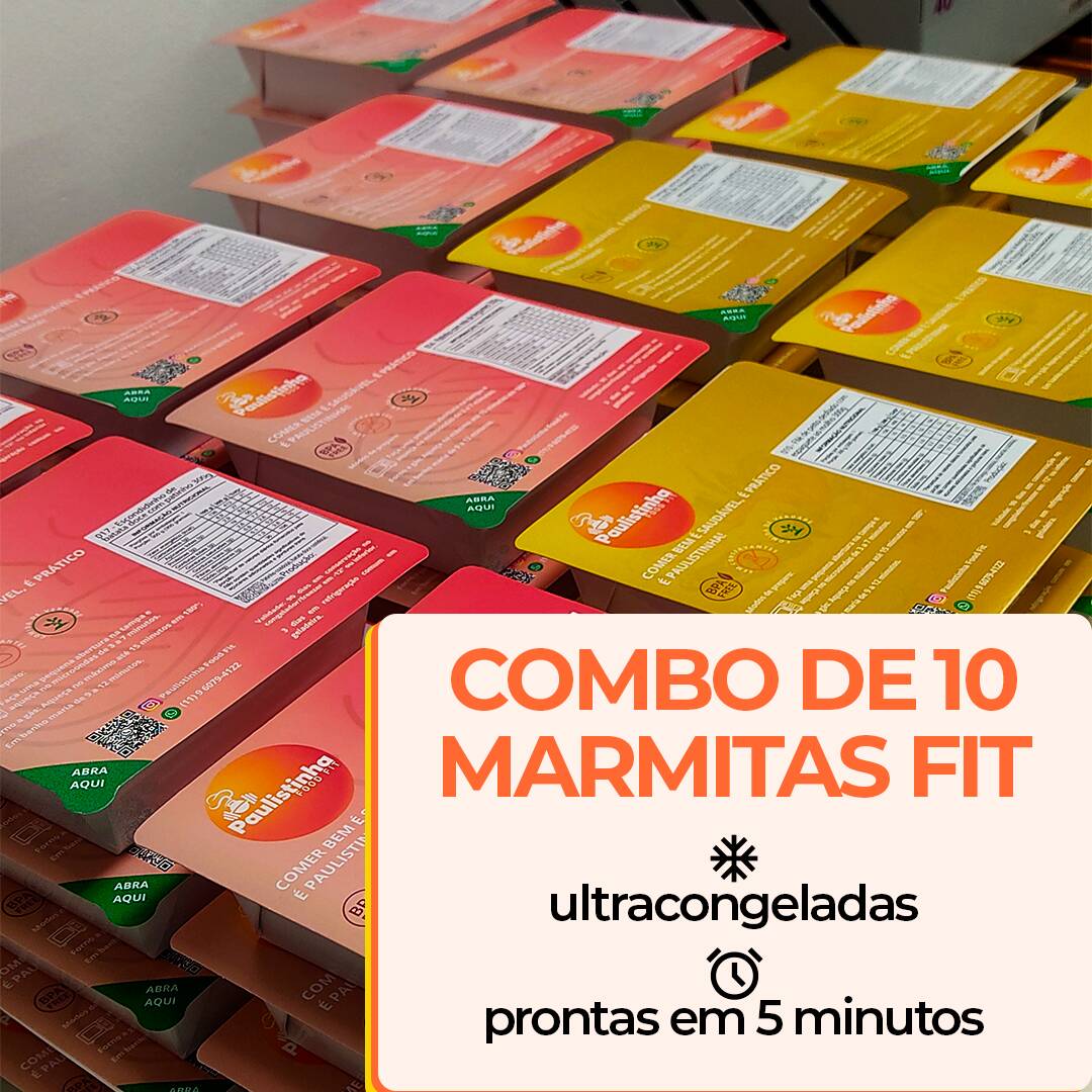 Saboreie nosso Combo de 10 Marmitas Fit, cada refeição por apenas R$19,99! Este combo inclui uma variedade de marmitas com frango e carne, pesando entre 300g e 200g, todas ultracongeladas para preservar a frescura e o sabor. Prontas em apenas 5 a 7 minutos, dependendo da potência do seu microondas. Garantimos uma longa validade - até 6 meses no freezer (-15º a -30º) e 90 dias em um congelador conv
