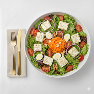 Mix de alfaces com ricota temperada, tomate grape, cebola roxa, morango, manjericão, gergelim, castanha de caju e nozes. Doçura suave com notas herbais e crocância. Harmoniza com Hortelã & Mel ou Pesto.