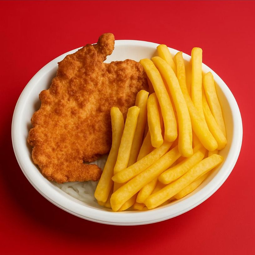 Marmita com deliciosa porção de frango empanado, fritas, arroz e feijão.