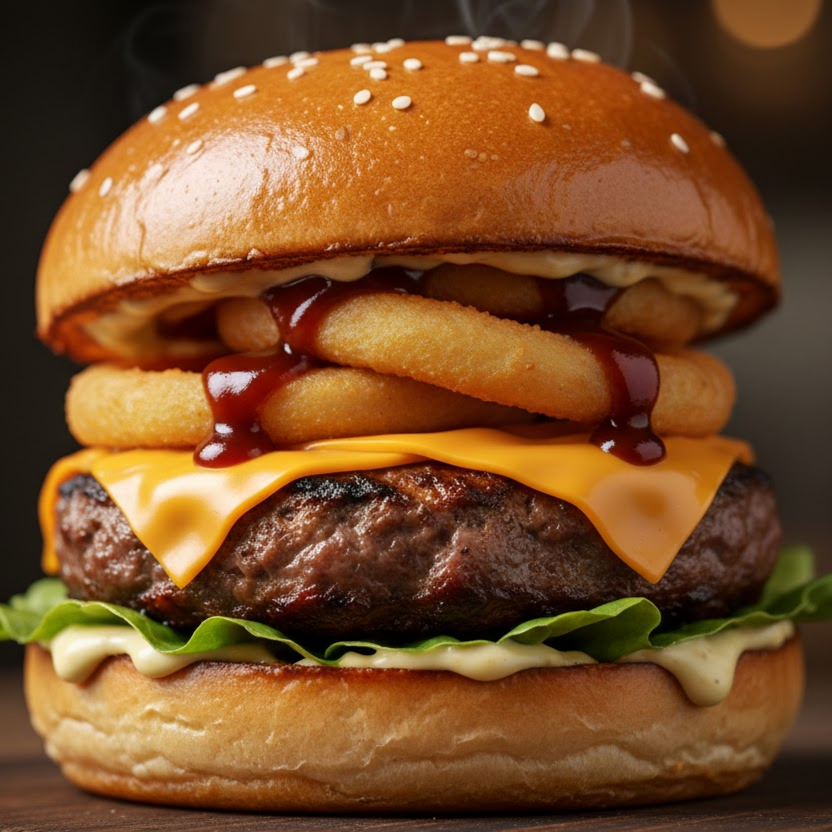 Pão de brioche, carne 150g, 2x cheddar, anéis de cebola, barbecue, alface, molho especial