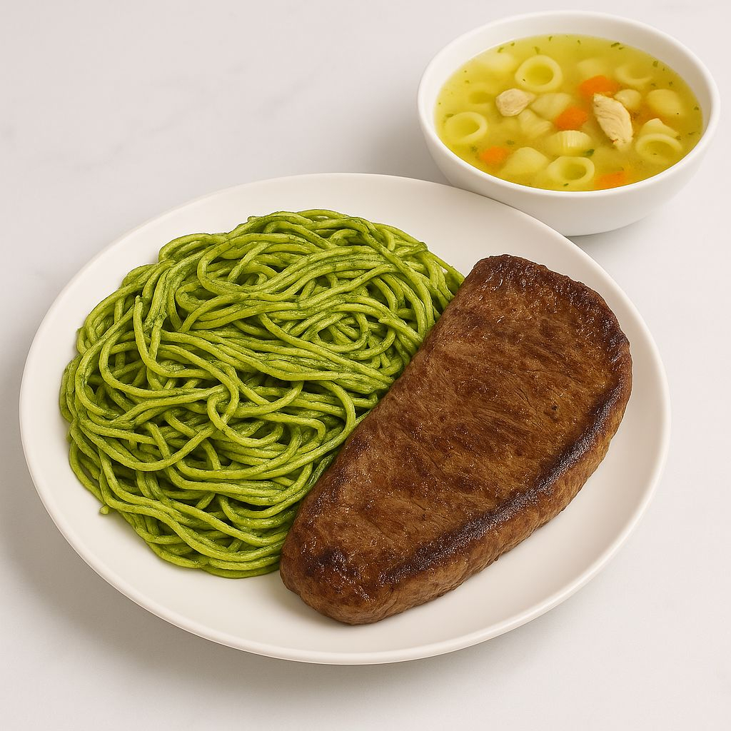 Tallarines Verdes con Bisteck & Sopa