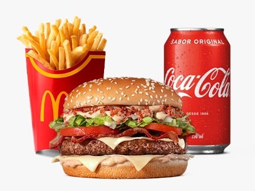 Composto por um hambúrguer de carne 100% bovina, o icônico molho tasty, uma combinação especial de bacon crispy e fatias de Bacon, queijo processado sabor emental, tomate, alface, cebola, tudo isso no pão com gergelim, acompanhamento e bebida