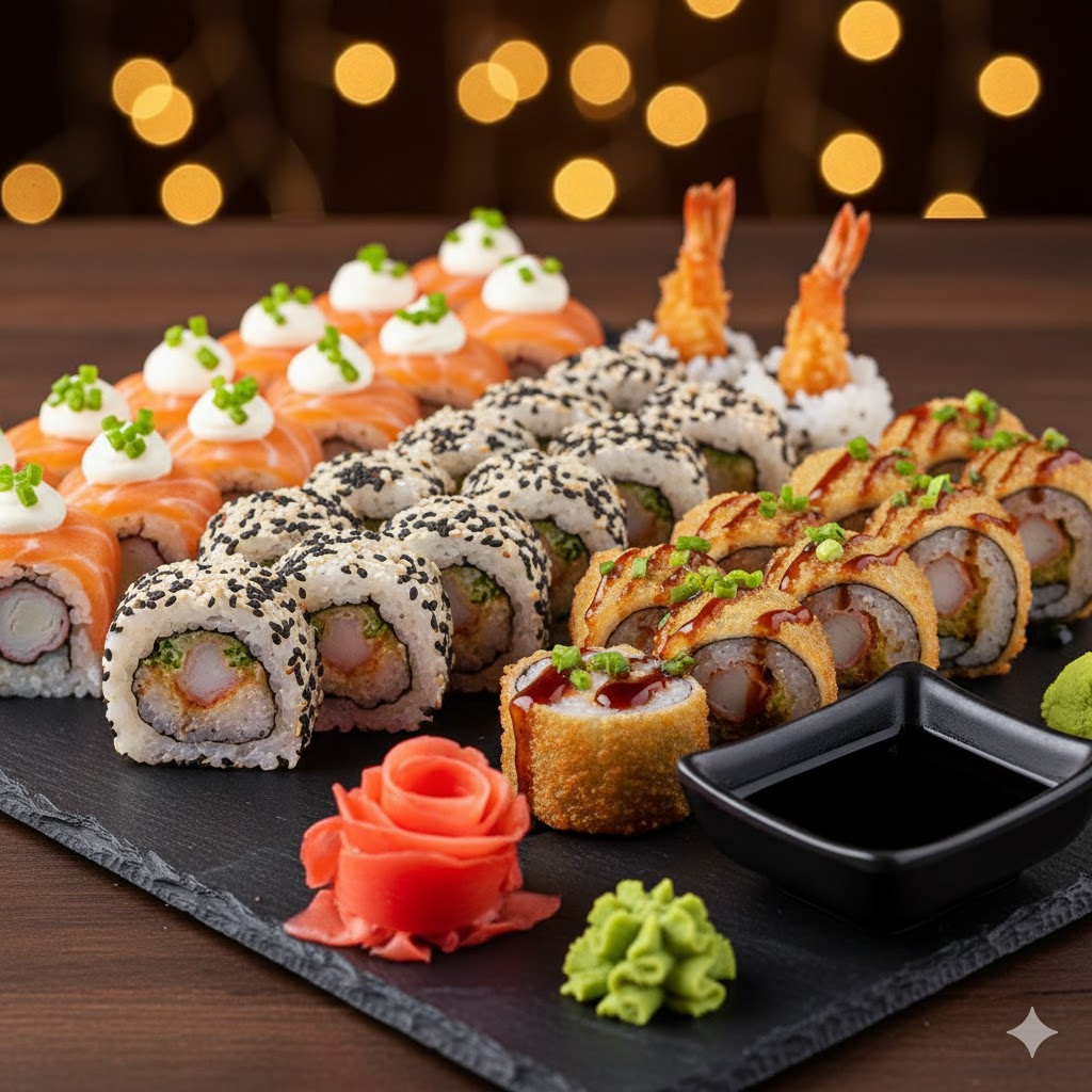 5 canapé kani e 5 canapé de salmão + 10 uramaki camarão empanado + 10 hot kani
