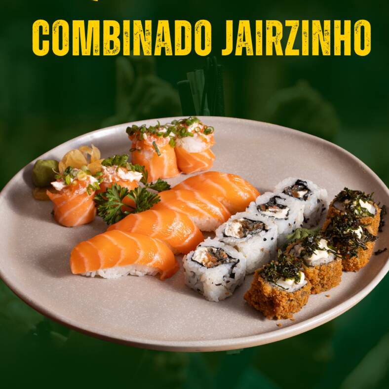 4 joys de salmão com cheese, 4 niguiris de salmão, 4 uramakis de salmão skin com cheese, 4 hot rolls com couve crispy
