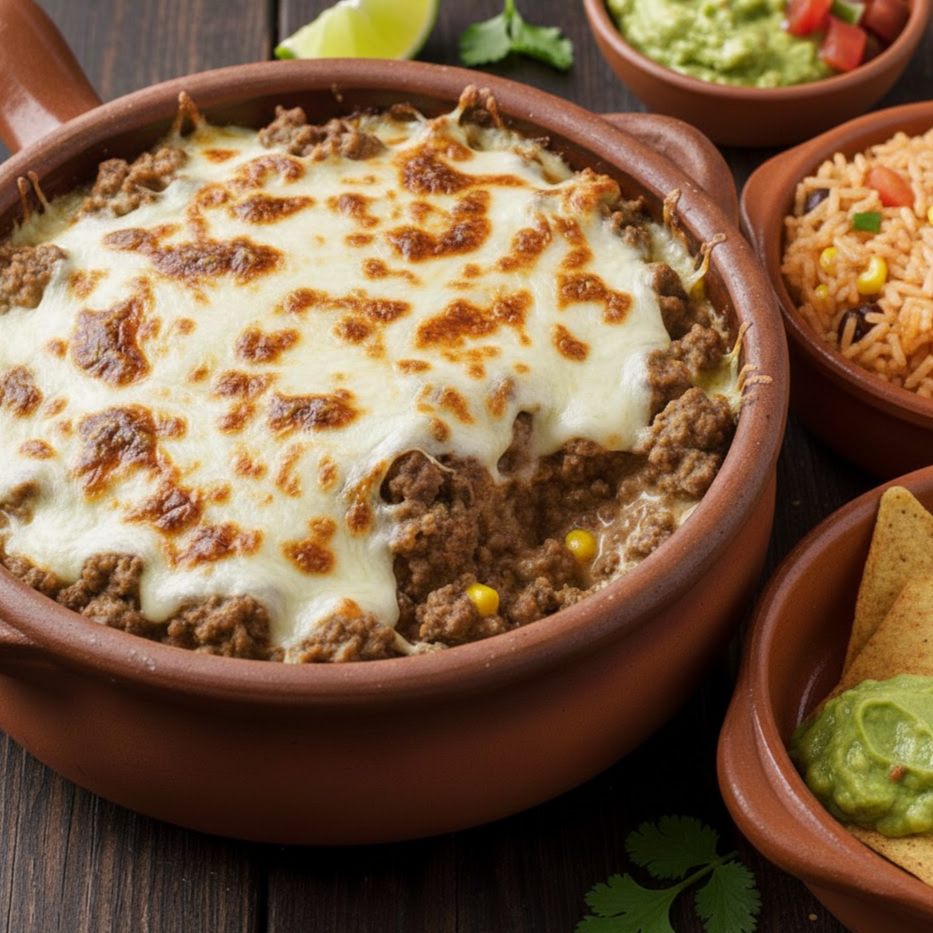 Carne moída cremosa, gratinada com mussarela e parmesão. Acompanha: arroz mexicano e nachos