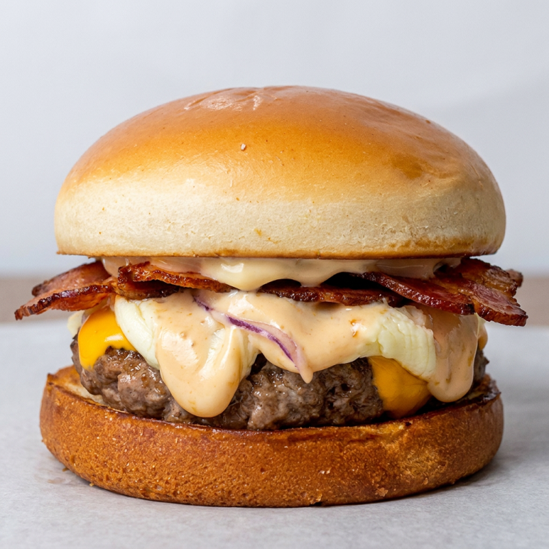 Pão brioche tostado na manteiga, blend da casa 120g, bacon crocante, cheddar derretido e Catupiry. Finalizado com picles de cebola roxa e maionese caseira. Combinação equilibrada, com textura e cremosidade na medida certa.