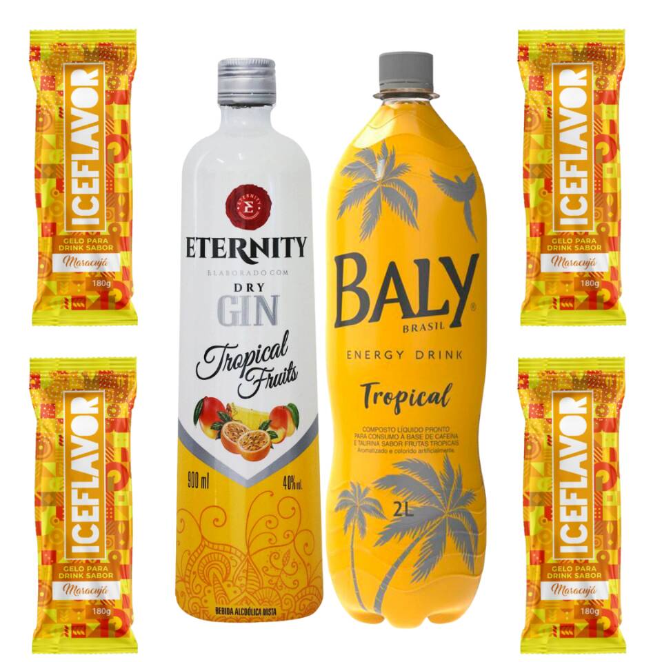 combo Gin Ethernity com Baly Tropical e 4 Gelo de Maracujá