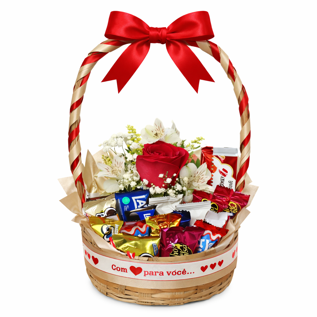 Cesta fofura contendo 1 caixa de bombom lacta ou nestlé e um lindo arranjinho com uma rosa vermelha .