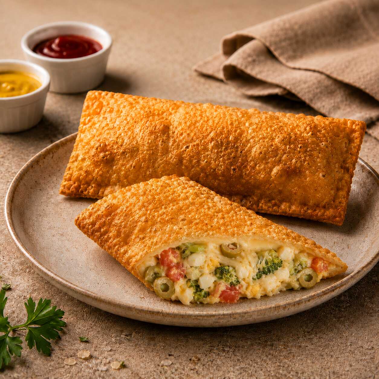 Atum em pedaços , requeijão ,mussarela , tomate, ovo e azeitonas em um pastel 21cm. Caprichado, crocante e cheio de sabor. Uma opção especial do Pastel da Drica, para quem quer um pastel diferente em Osasco. Adicione mais sabor escolhendo seus complementos preferidos.