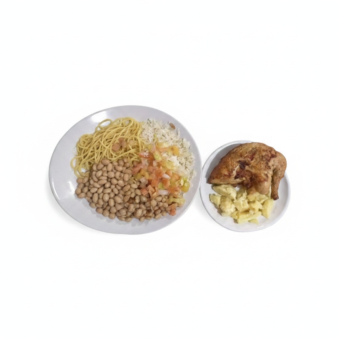 Galeto - arroz, macarrão, vinagrete, farinha e feijão (preto, mulatinho ou macassa), batata maionese.
