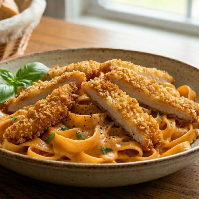 FETUCCINI CHIPOTLE CON TIRAS DE POLLO EMPANIZADO