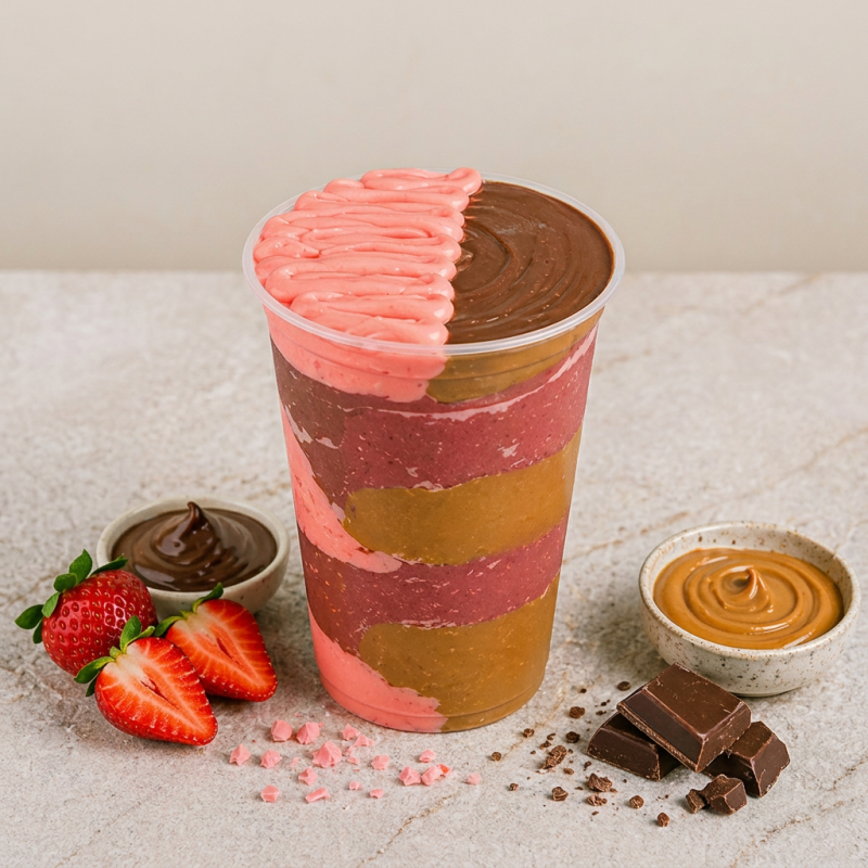 Delicioso Açaí Cremoso e Refrescante com Creme de Avelã e Mousse de Morango