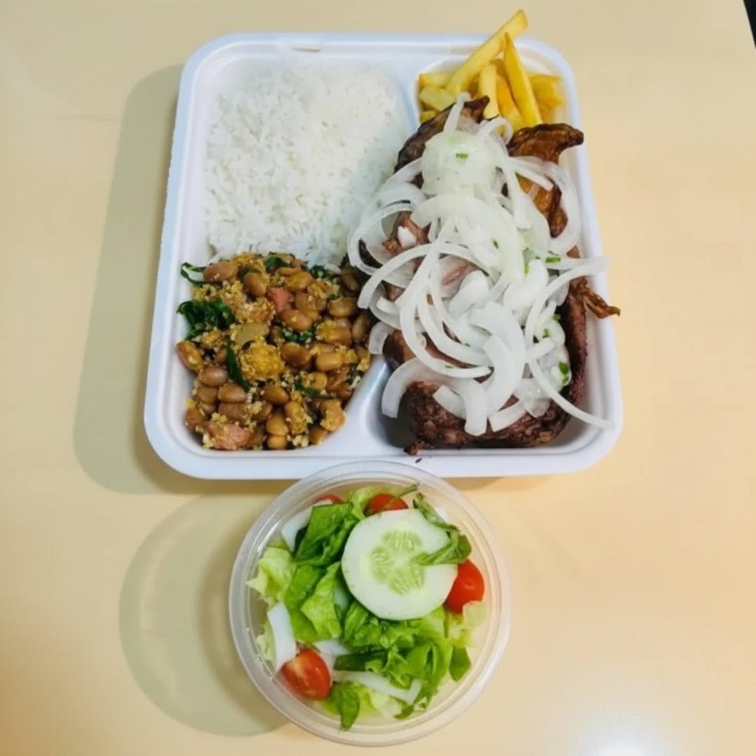 Bife de contrafilé 200gr, Arroz Branco, Feijão Caldo ou Tropeiro, Batata Frita e Salada. Preparo 30-40 min