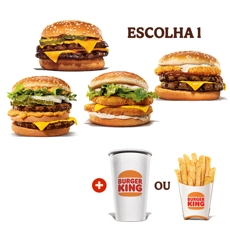Selecione seu sanduíche favorito: Chicken Duplo, Cheeseburger Duplo, Rodeio Duplo, Big King ou Whopper Duplo Jr. Complemente com 1 batata frita ou 1 bebida.