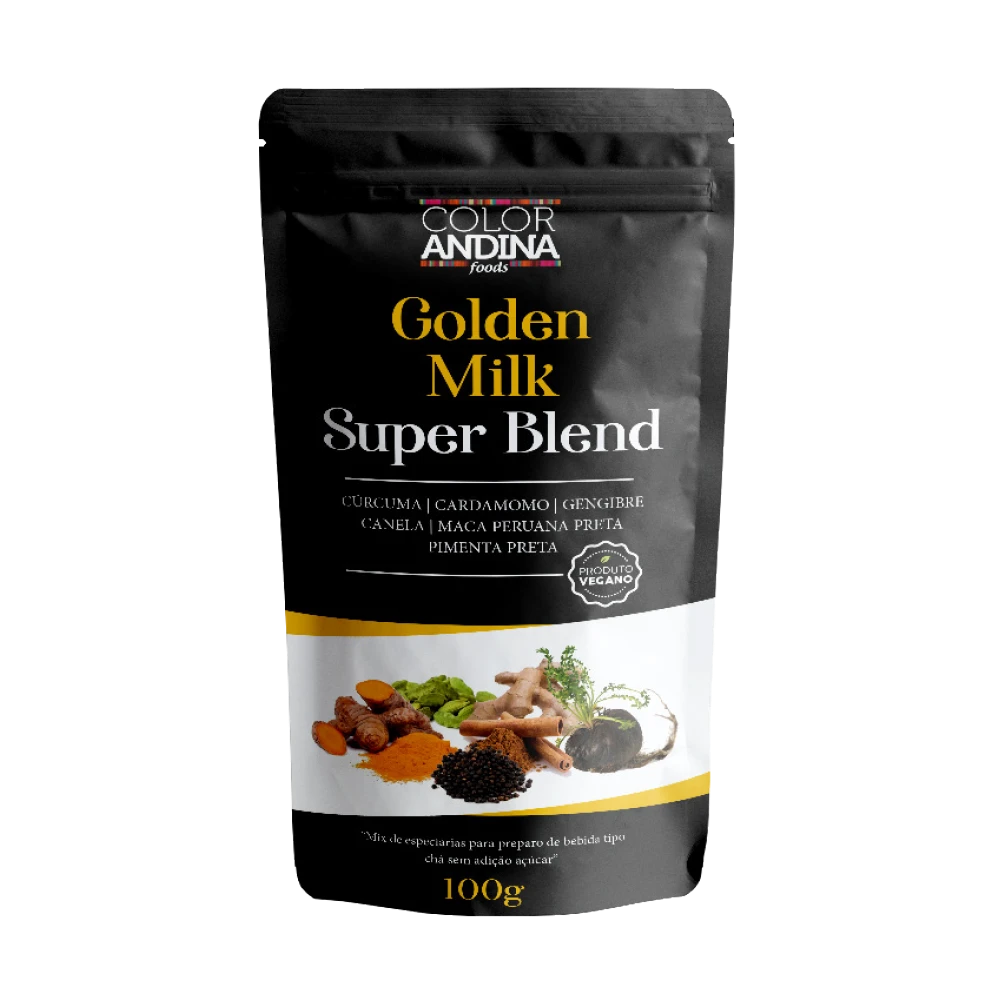 cúrcuma, maca peruana preta, canela, cardamomo, gengibre, pimenta preta, stévia. Não contém glúten.