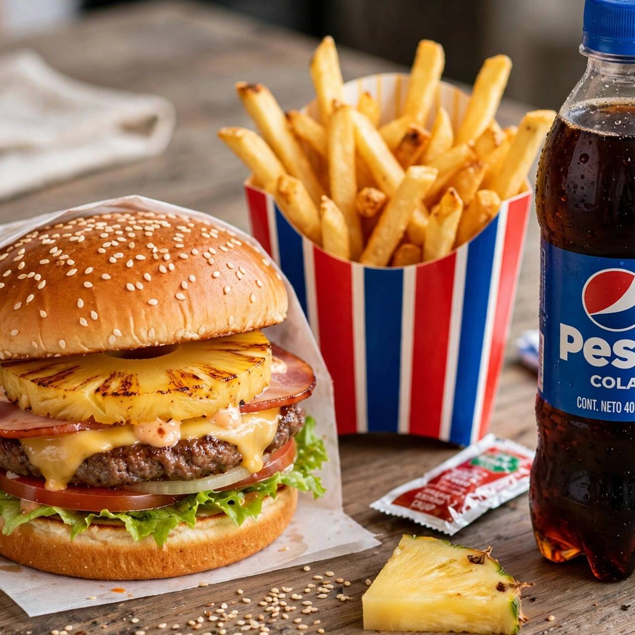 Hamburguesa hawaiana, papas y refresco