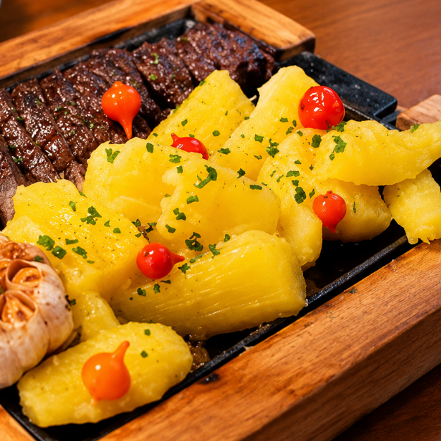 Churrasco misto acompanhado de mandioca cozida, servido em porção de aproximadamente 500g. Uma opção bem servida, saborosa e ideal para compartilhar.