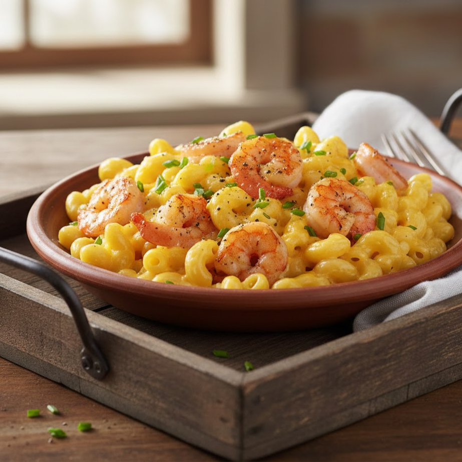 Macarrão ao molho de queijo com camarão