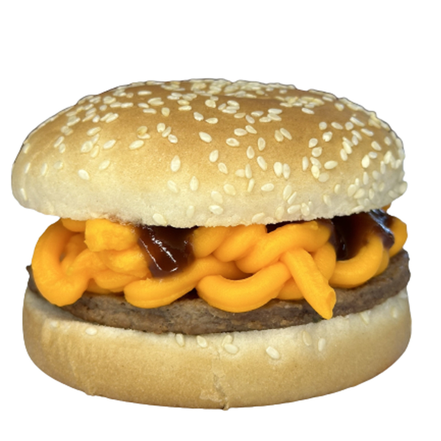 Pão, Hamburguer sabor picanha 120gr e cheddar cremoso com maionese e barbecue