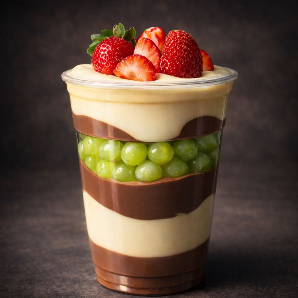 Copo de 300 ml de Uva com Morango + Nutella + Creme de Leite Ninho + Leite Condensado.