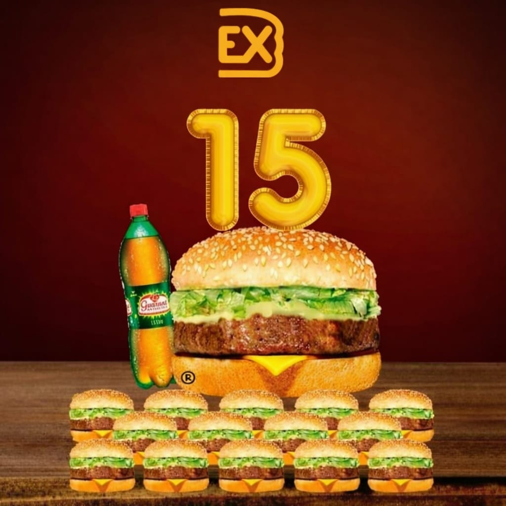 15 lanches + refrigerante de 1,5L (conforme disponibilidade do restaurante).