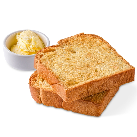 Duas fatias crocantes de pão artesanal com manteiga ou geleia de frutas vermelhas. Quase um patrimônio gastronômico.