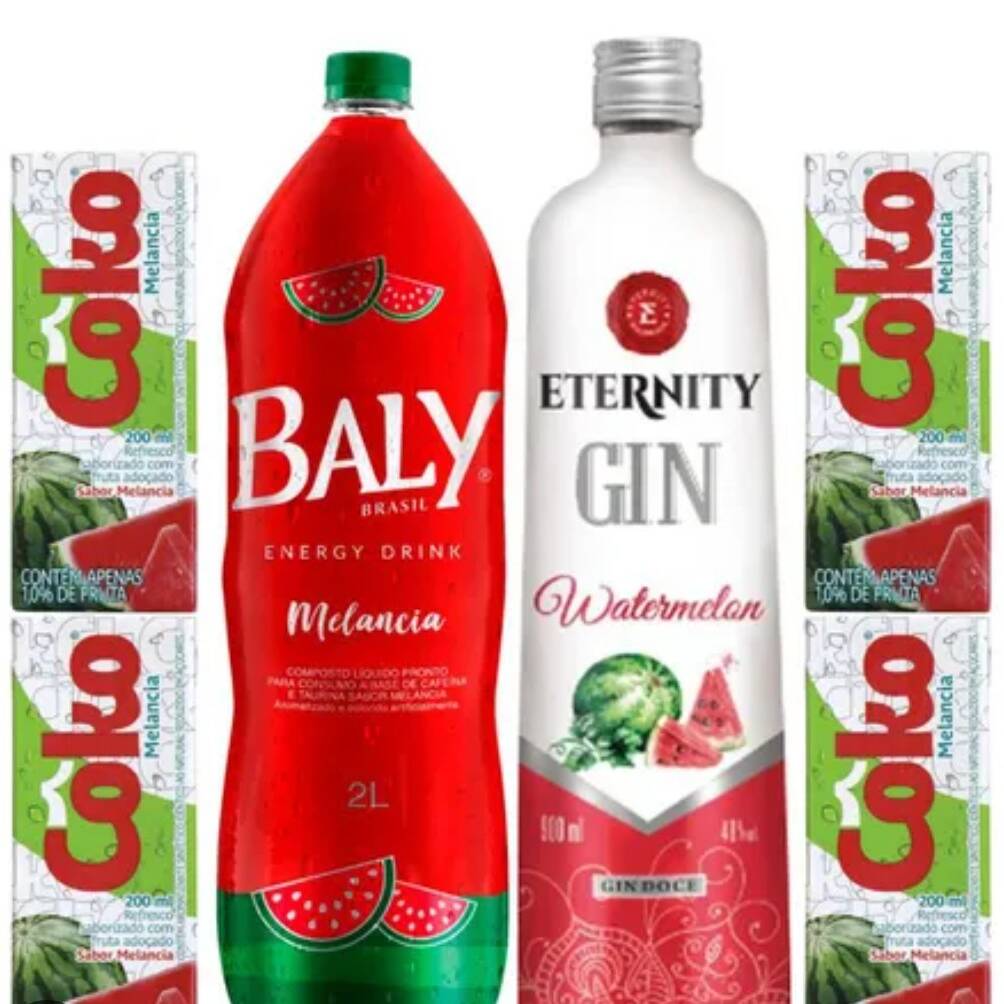 Nosso combo acompanha, 1 garrafa de gin (Eternity) + um energético de melancia 2 Litros + 4 gelos de melancia + 4 copos.