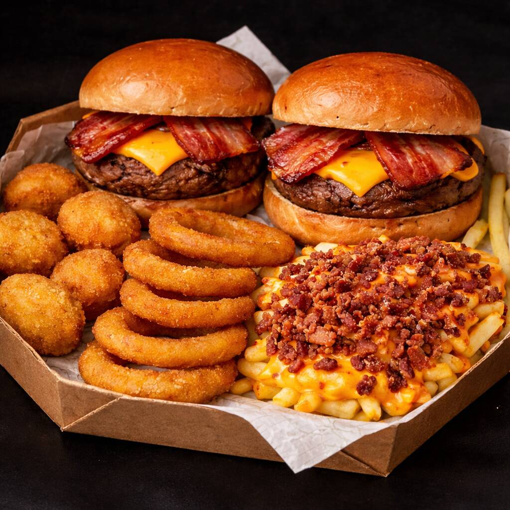 2 Cheddar bacon + Batata Dk + 5 Anéis de Cebola + 5 Nuggets
