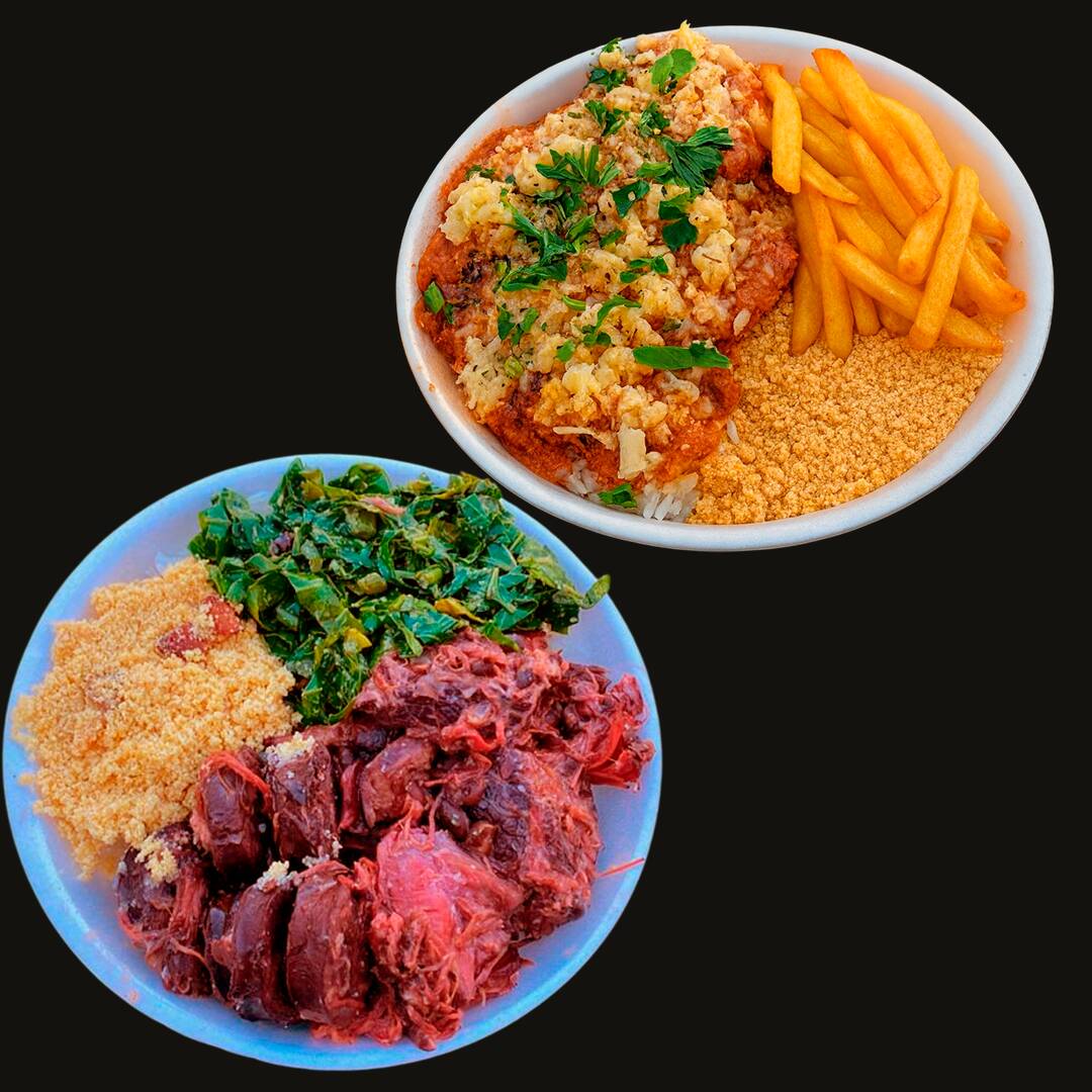 Arroz , feijão , parmegiana de frango , fritas e farofa ,  Arroz , feijão , couve , farofa , lombo , costela , calabresa .