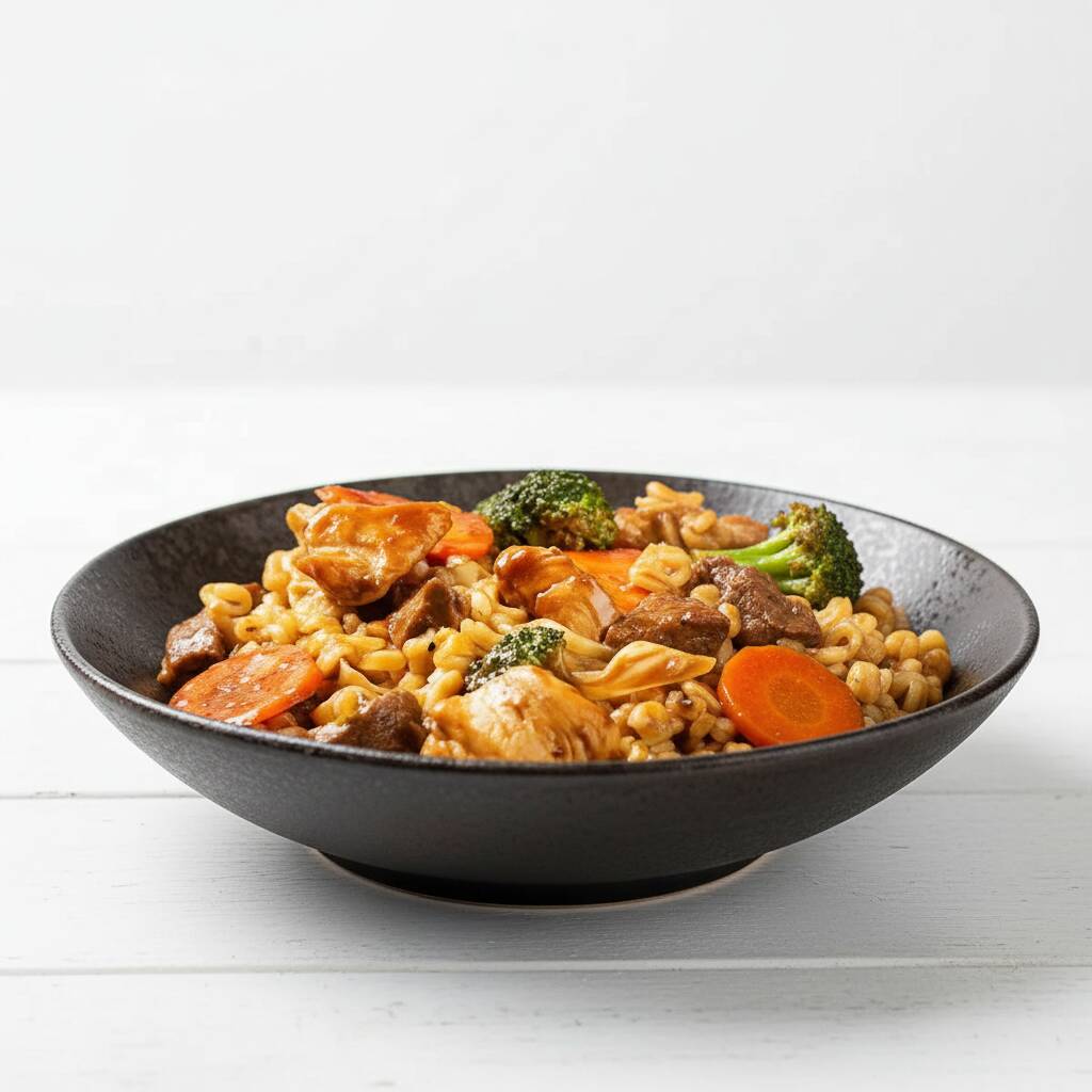 Carne, frango, macarrão e legumes.