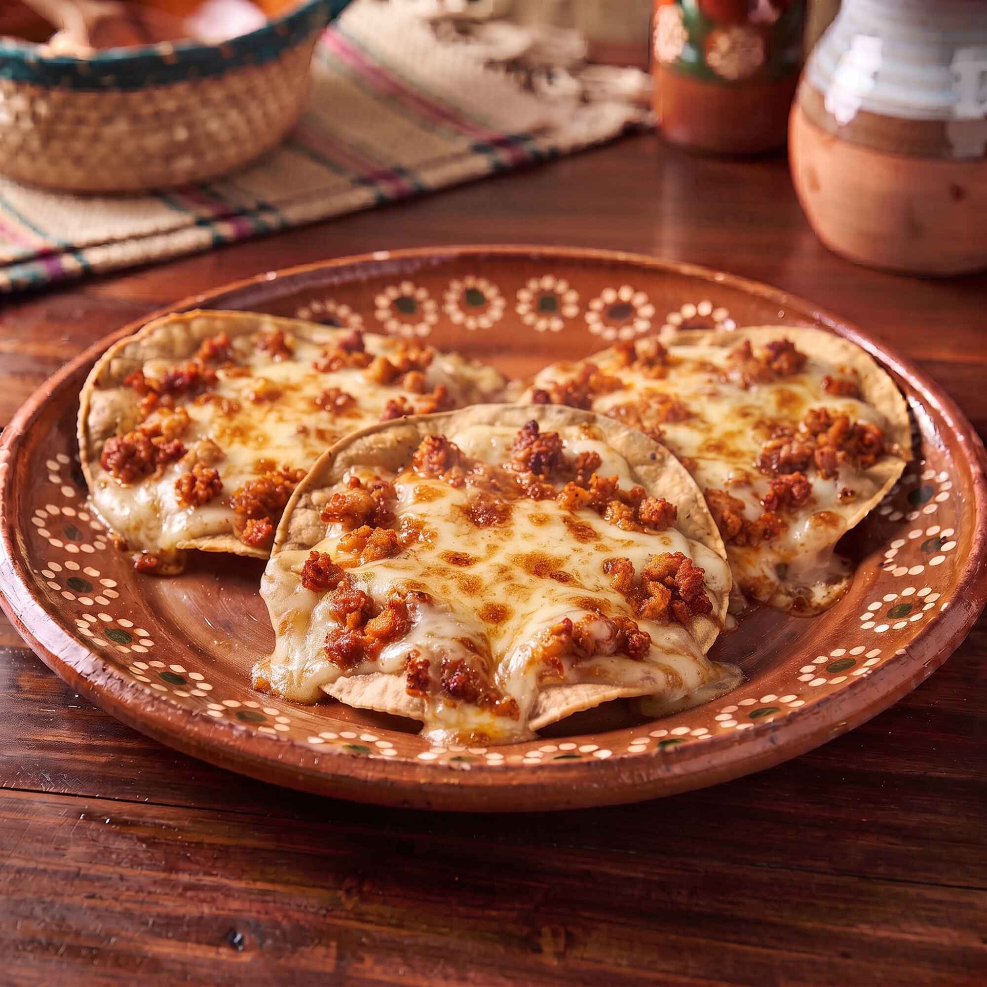 Tostadita de Maiz con Queso y Chorizo