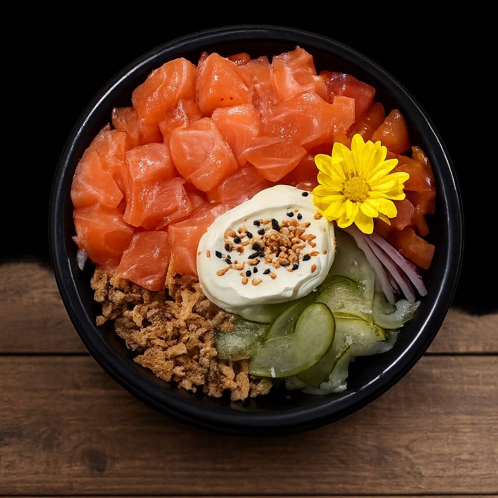 Feito na hora!
Base: arroz japonês
Proteína: salmão fresco
Acompanha: cebola crispy, sunomono, cebola fresca, tomatinho cereja, cream cheese e finalizado com gergelim.
Acompanha molhos: 1 sachê de shoyu, 1 sachê de tarê e 1 par de hashis.