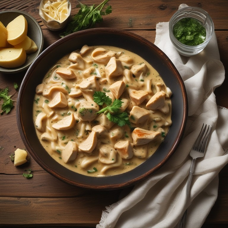 Estrogonofe de frango cremoso, servido com arroz branco e batata palha e salada
