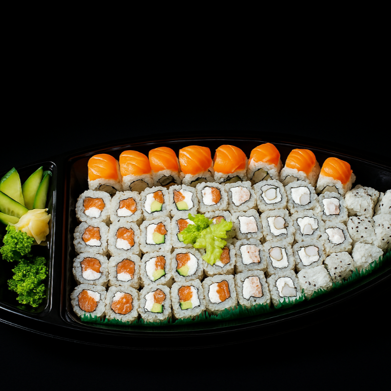 Uramaki Filadélfia 8 Uramaki salmão, kani, pepino e cream cheese 8 Uramaki Kani com cream cheese 8 Uramaki Patê cream Cheese 8 Uramaki Skin com salmão em cubos e cream Cheese 4 Romeu e Julieta Acompanha 3 shoyo, 2 hashis e 2 nozoki, se quiser mais, ver em acompanhamentos. Foto real do produto...