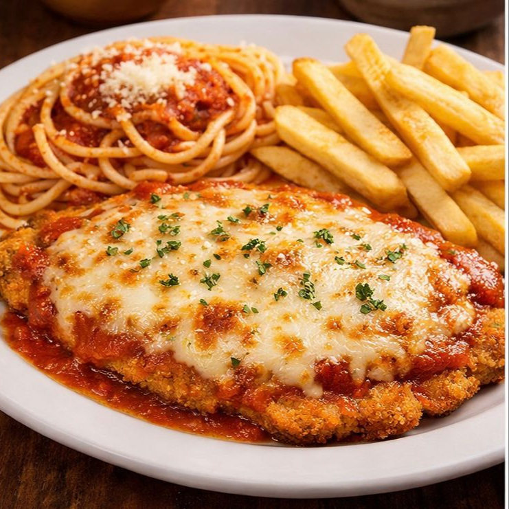 Filé de tilápia empanado, dourado e suculento, coberto com molho especial da casa e queijo gratinado. Uma combinação perfeita de sabor e crocância. Acompanha espaguete ao molho especial da casa e batata frita crocante.