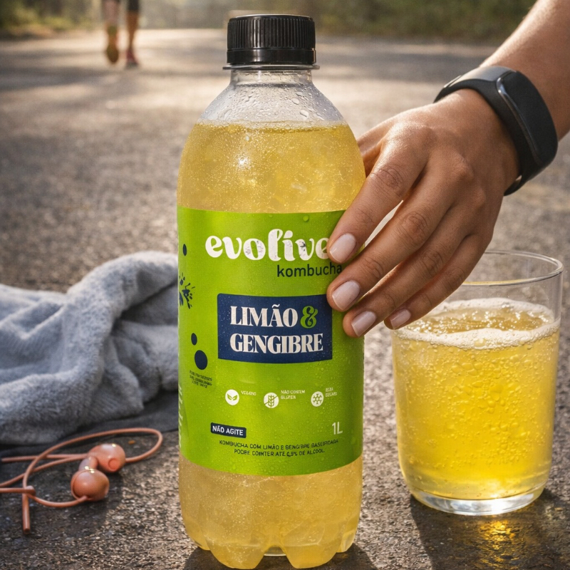 Kombucha Artesanal 1L – Limão & Gengibre. Bebida funcional naturalmente fermentada, rica em probióticos e com gaseificação natural. Refrescante, levemente cítrica e com o toque funcional do gengibre. Alternativa saudável ao refrigerante, sem conservantes artificiais. Ideal para compartilhar ou incluir na sua rotina saudável. Experimente também outros sabores