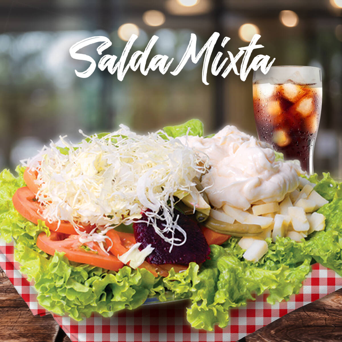 Alface e legumes selecionados, com toques de repolho fininho e creme de maionese.