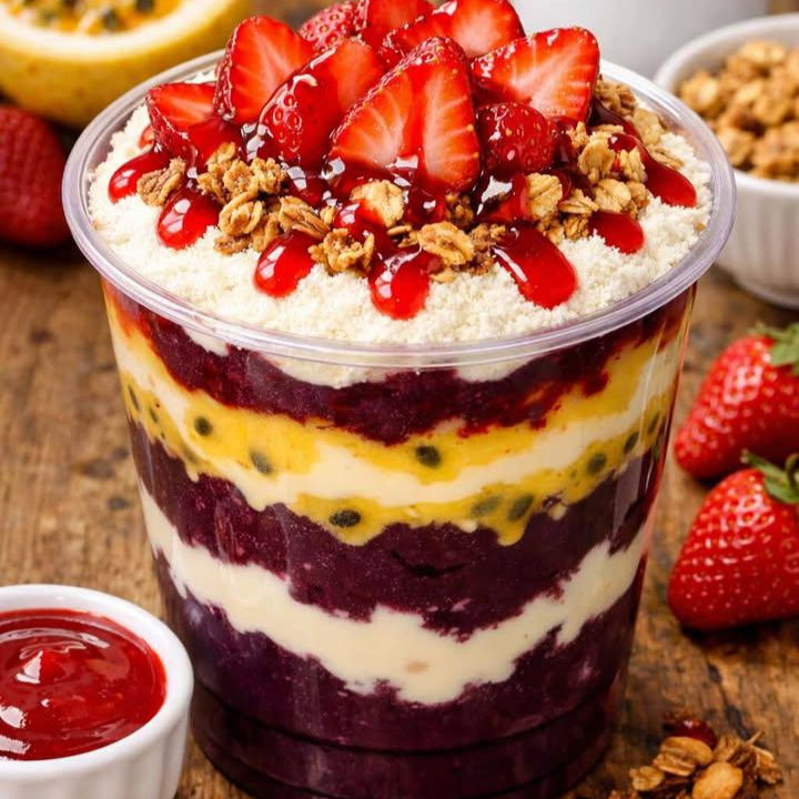 Açai,Mousse Maracuja,leite Ninho,Morango,Calda de Morango,Granola