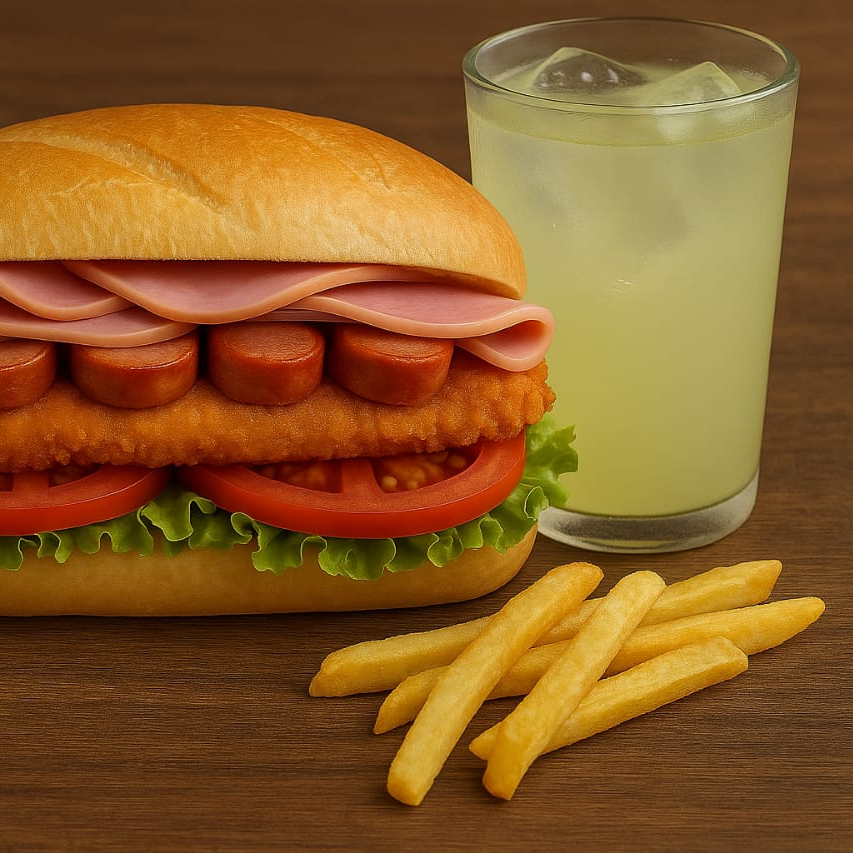 TORTA ESPECIAL CON PAPAS FRITAS Y AGUA
