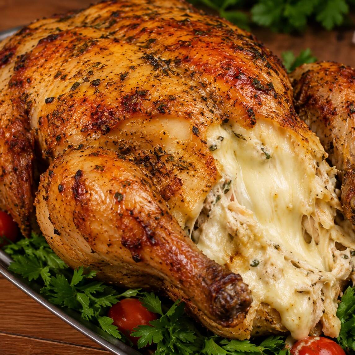 Frango assado recheado com o irresistível Catupiry, cremoso por dentro e douradinho por fora. Uma combinação perfeita de suculência e sabor, preparada para deixar sua refeição ainda mais especial!