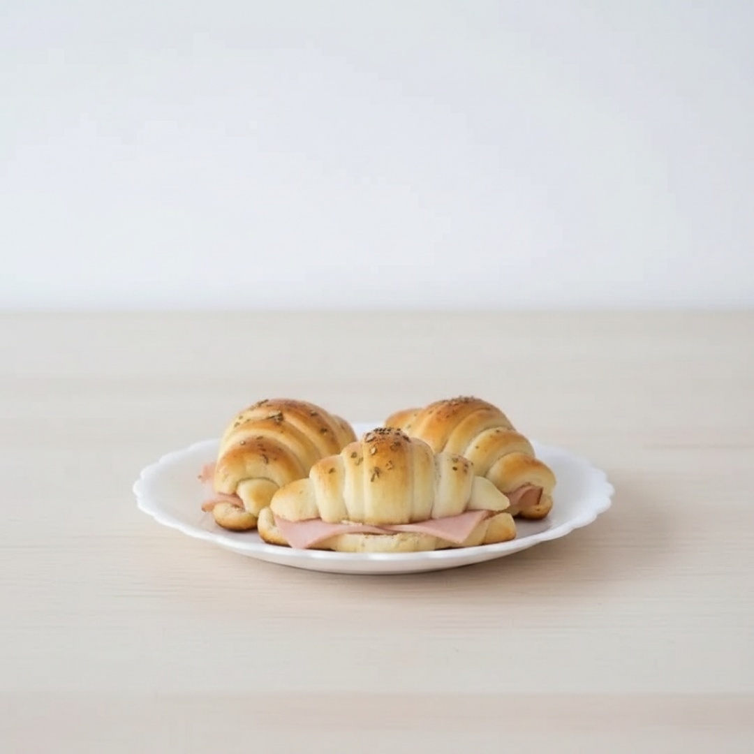 Mini Croissant com pasta de frango e peito de Peru.