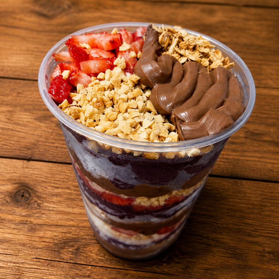 Açaí super cremoso, montado em camadas de morango, amendoim granulado e creme de avela