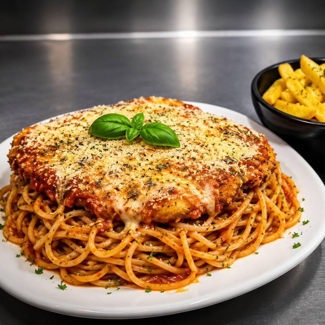 Nosso parmegiana de frango é feito com ingredientes selecionados, empanado à perfeição e coberto com queijo derretido e molho de tomate artesanal. Acompanha o clássico espaguete al dente e um purê de batatas cremoso e aveludado. Simples, completo e irresistível.. Este prato serve 2 pessoas.
