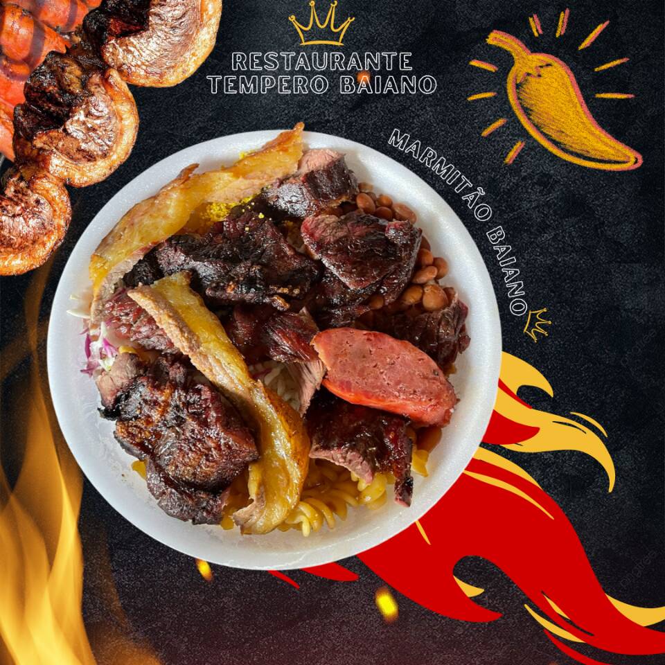 Arroz, feijão, macarrão, saladas variadas farofinha e um churrasco misto no capricho