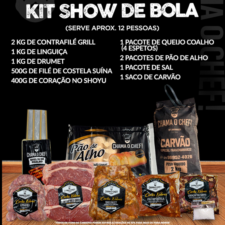 2kg de Contra Filé Grill, 1kg de Linguiça, 1kg de Drumet, 500g de Filé de Costela Suíno, 400g de Coração, 1 Pacote de Queijo Coalho (4 Espetos), 2 Pacotes de Pão de Alho, 1 Pacote de Sal, 1 Saco de Carvão.